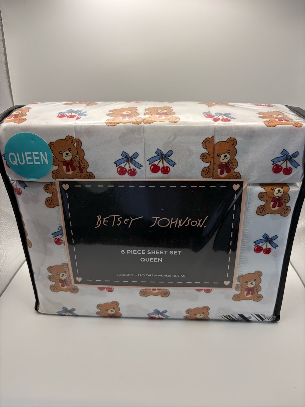 Betsey Johnson 6 Piece White Teddy Bear & Red Cherry Queen Sheet Set